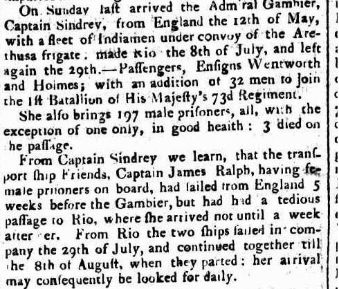 Arrival of the convict ship Admiral Gambier in 1811 Sydney Gazette 5 October 1811