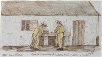 Convicts at Cockatoo Island wearing Cabbage Tree Hats